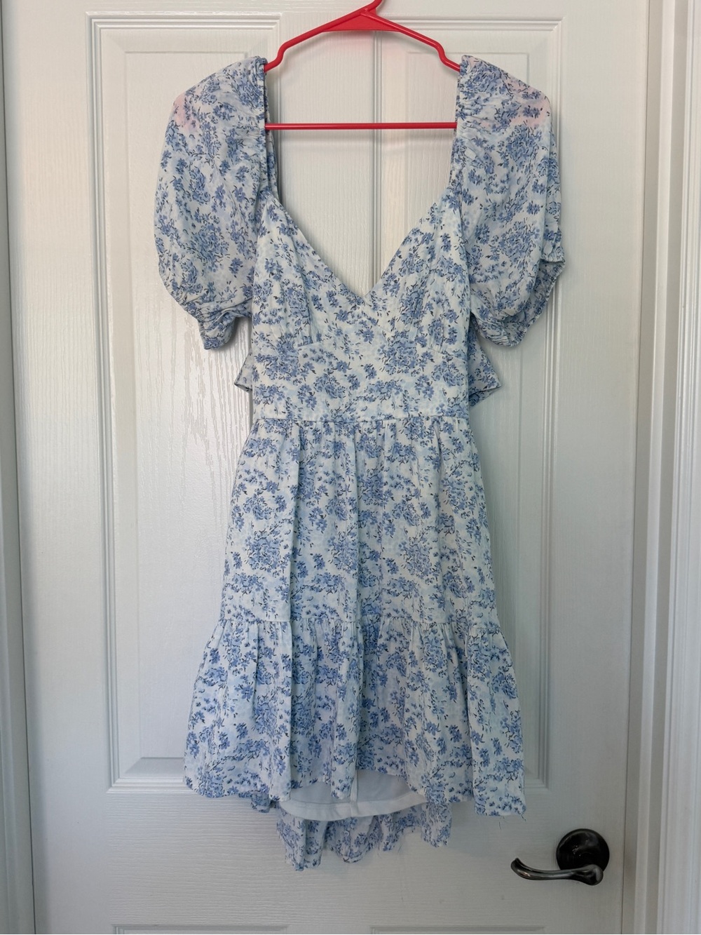 Altar'd State Blue and White Floral High-Low Puff Sleeve Dress